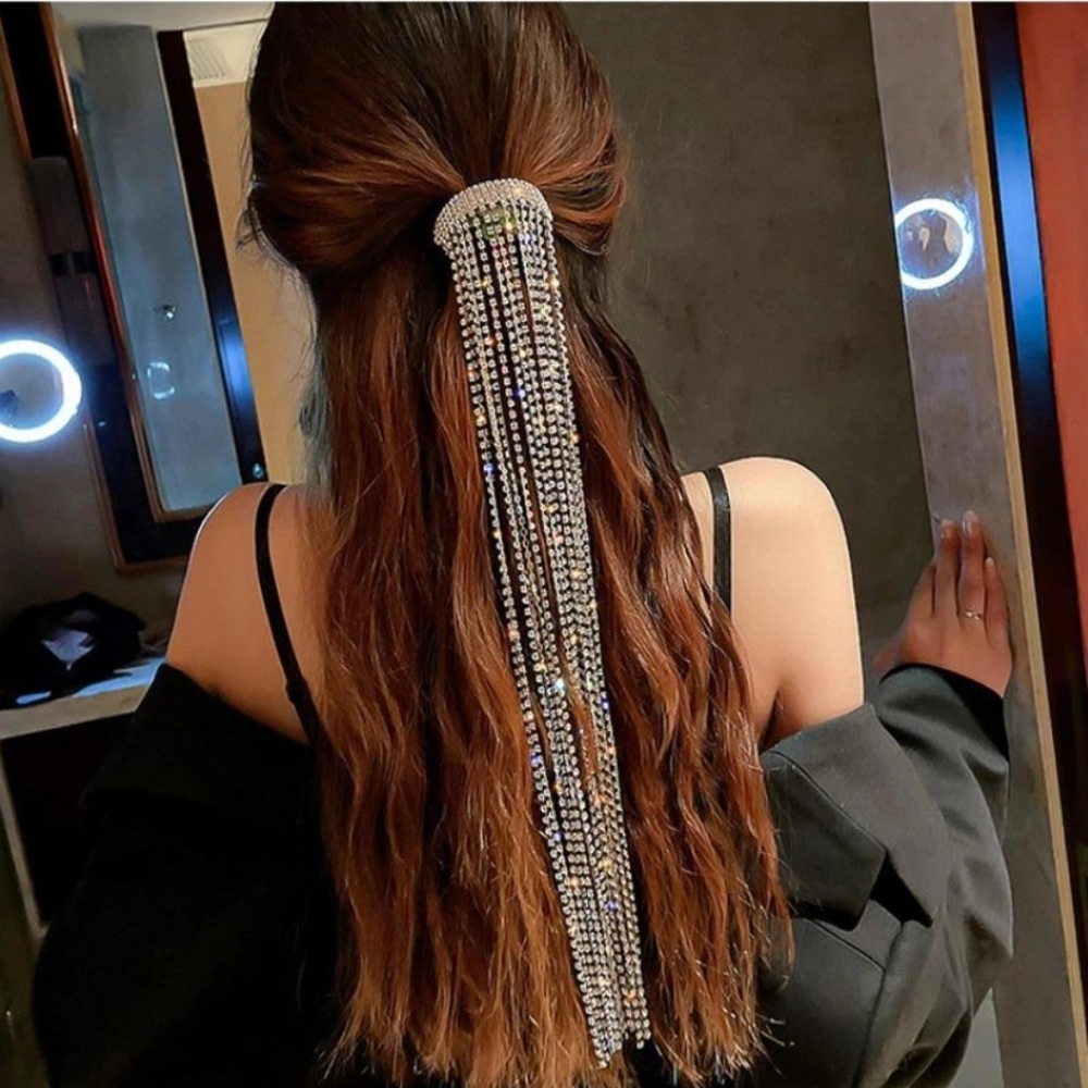 HAIR JEWELRY* RHINESTONE  12" TASSEL HAIR CLIP